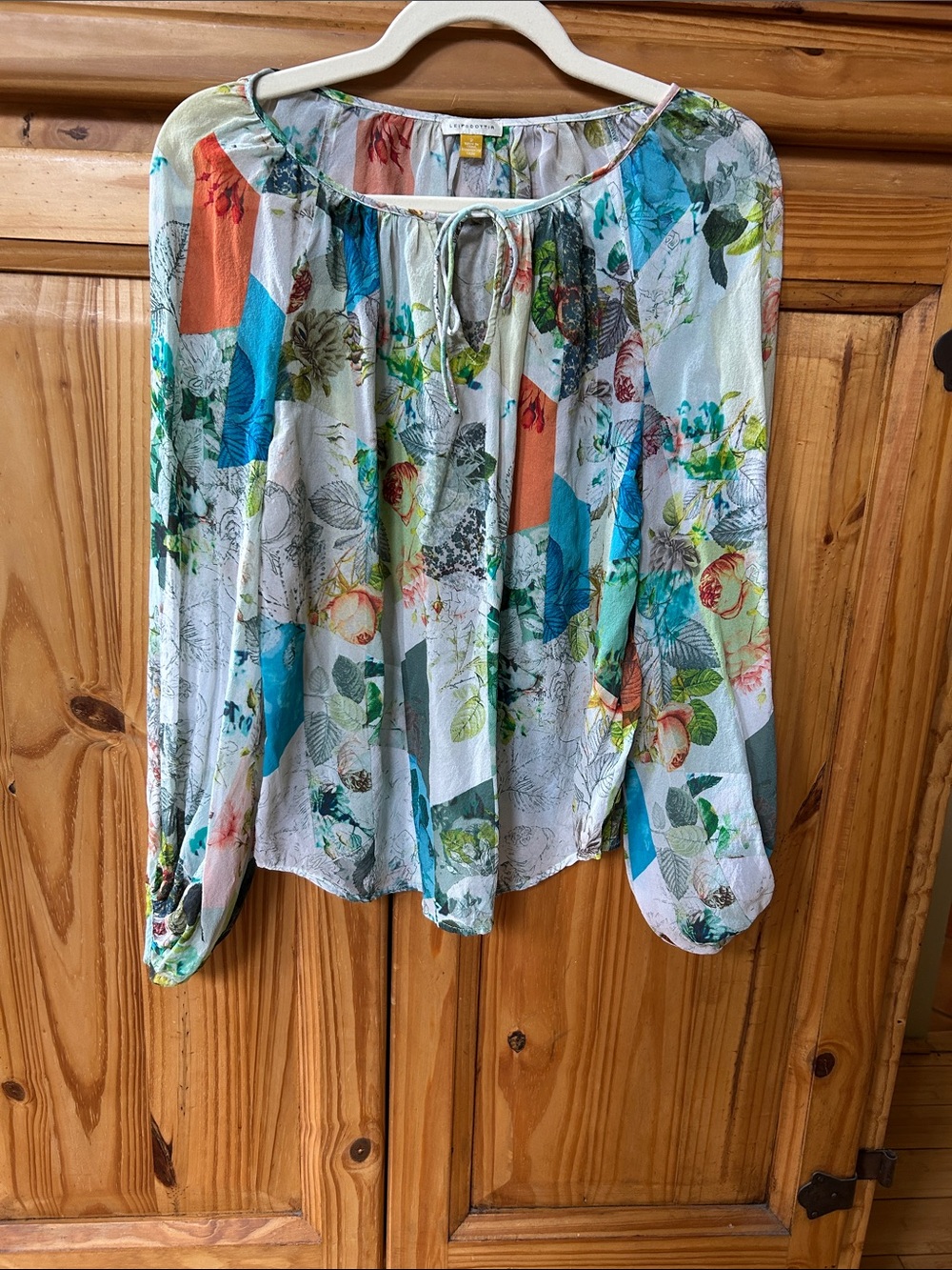 Liefsdottir Top Lightweight Floral Peasant Blouse Multicolor 100% Sheer Silk